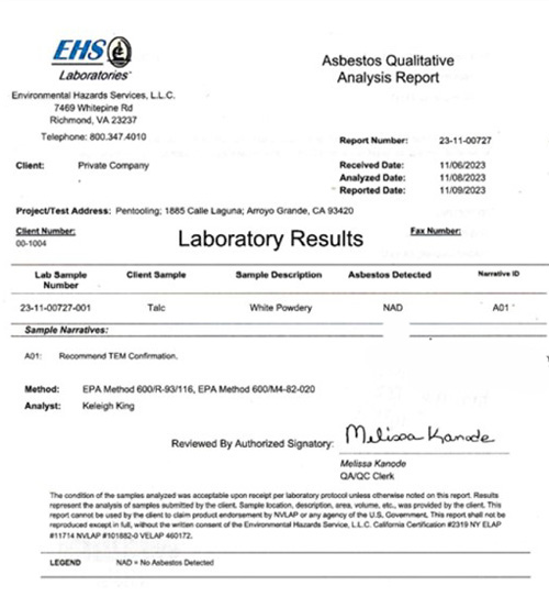 ASBESTOS TEST RESULTS FOR PENTOOLING TALC